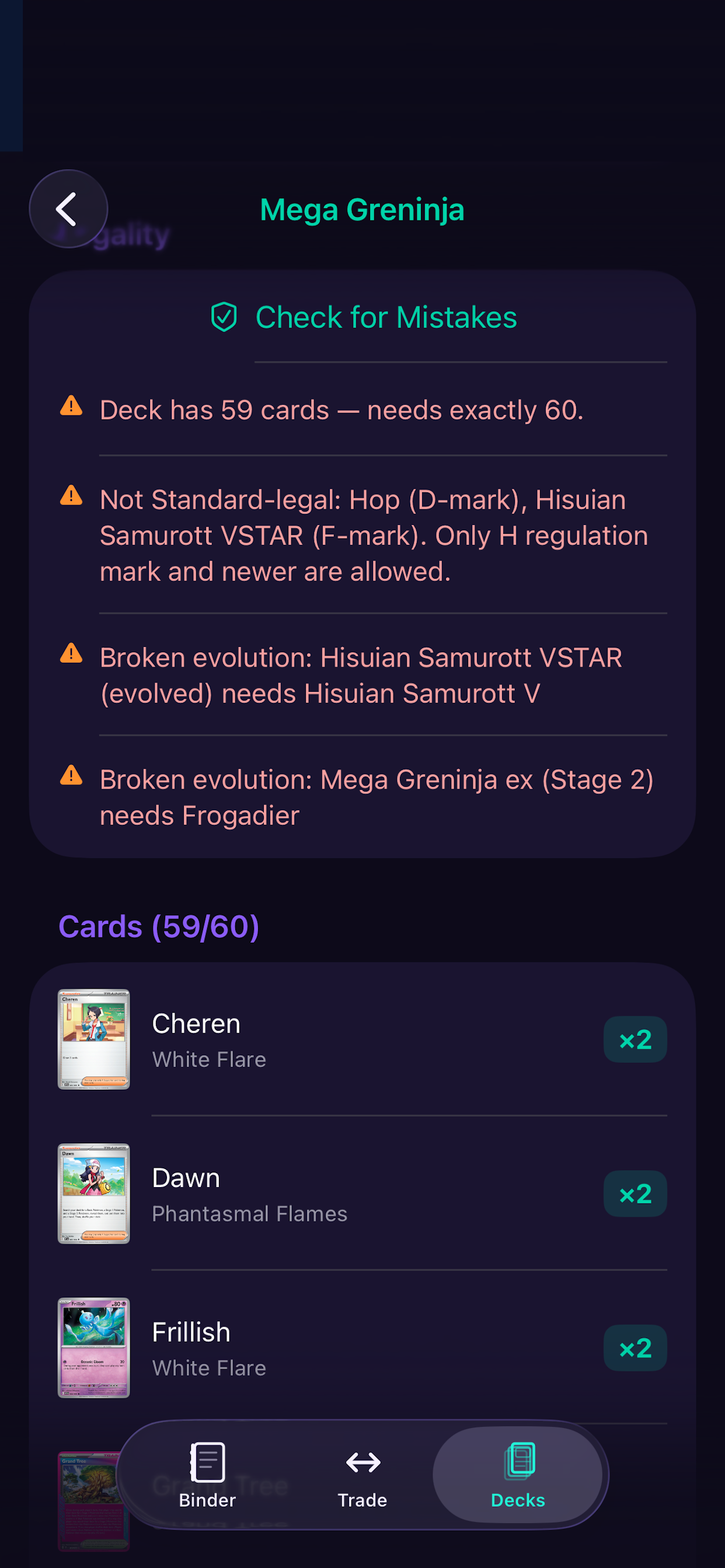 Deck Builder highlighting deck legality mistakes