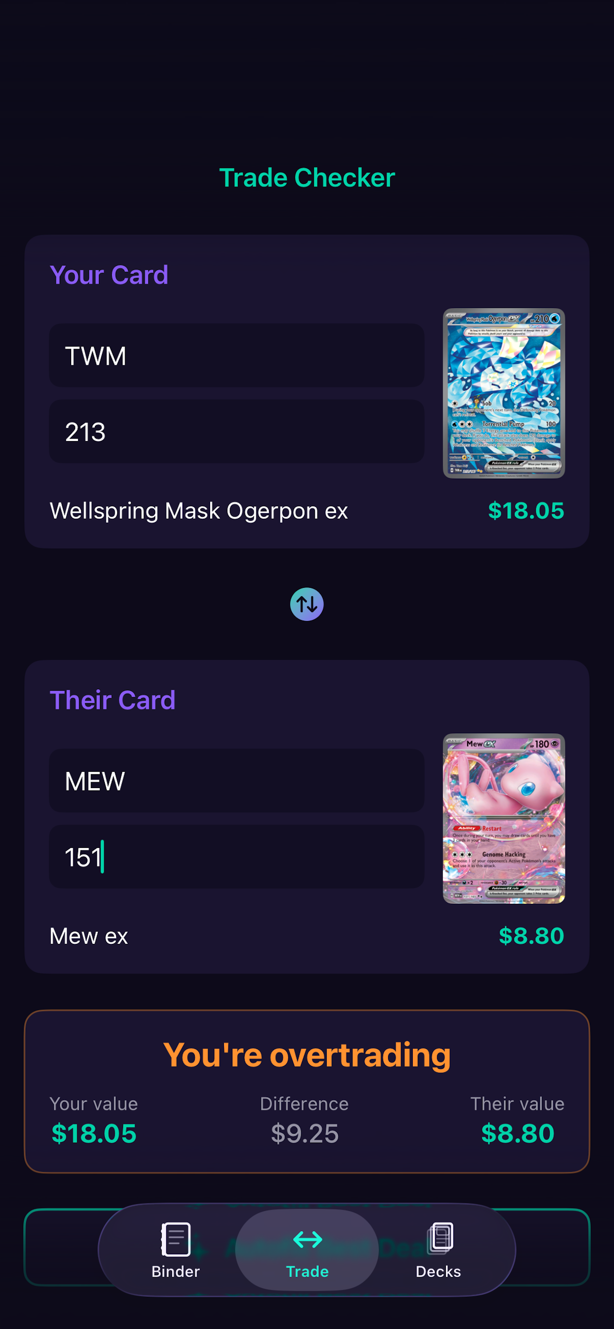 Trade Checker comparing card values on both sides of a trade
